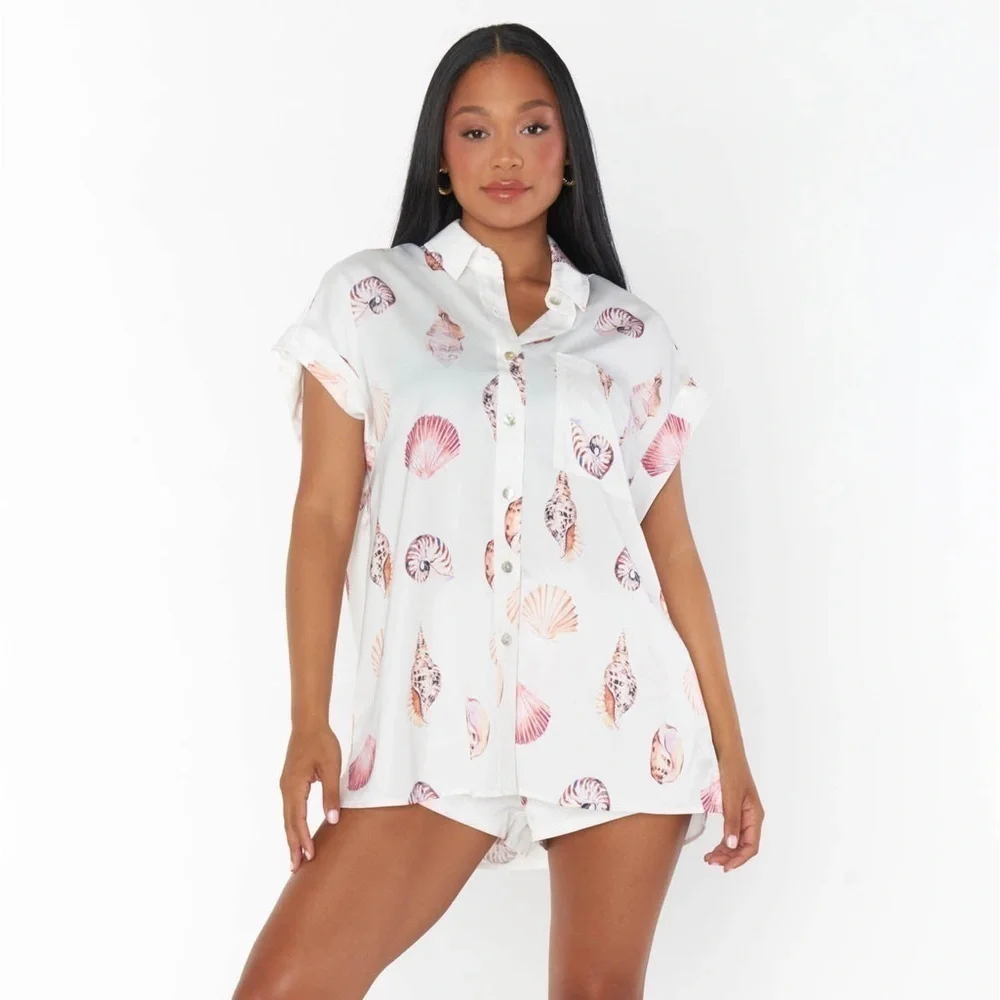 SHOW ME YOUR MUMU Day Dream PJ Top In White Shell Luxe Satin